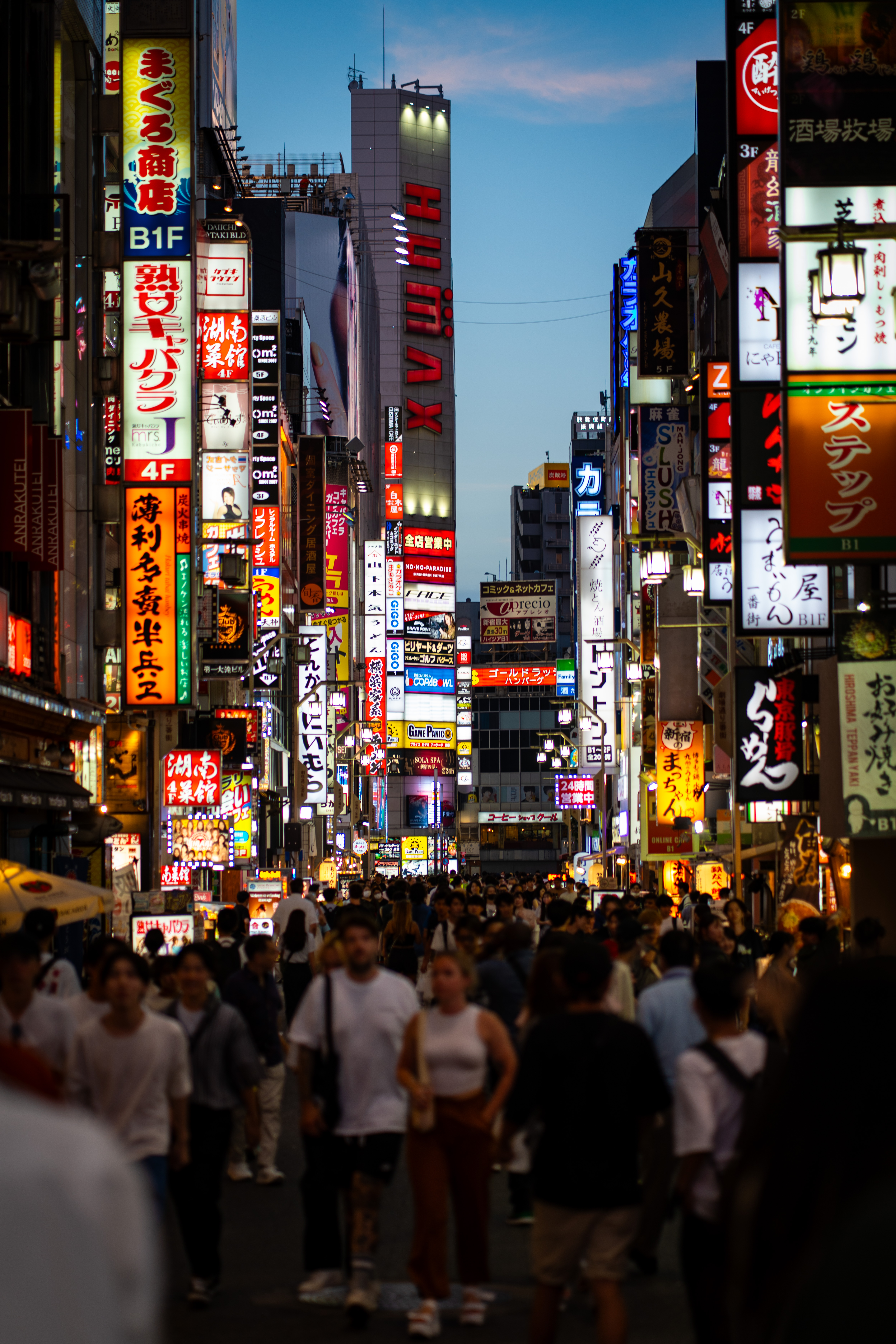 Neon-lit street at dusk, Shinjuku, Tokyo