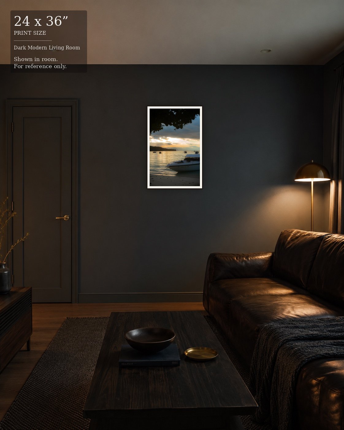 Koh Phi Phi Sunset (24×36) displayed in the Dark Modern Living Room
