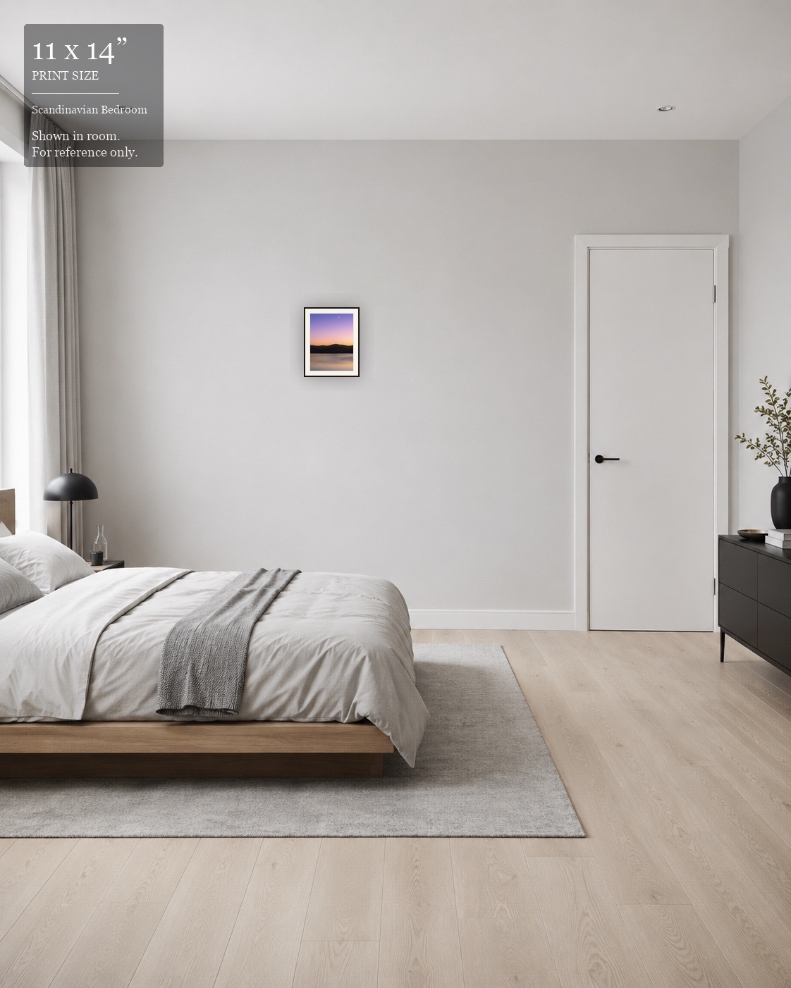 Pastel Sunset Reservoir (11×14) displayed in the Scandinavian Bedroom