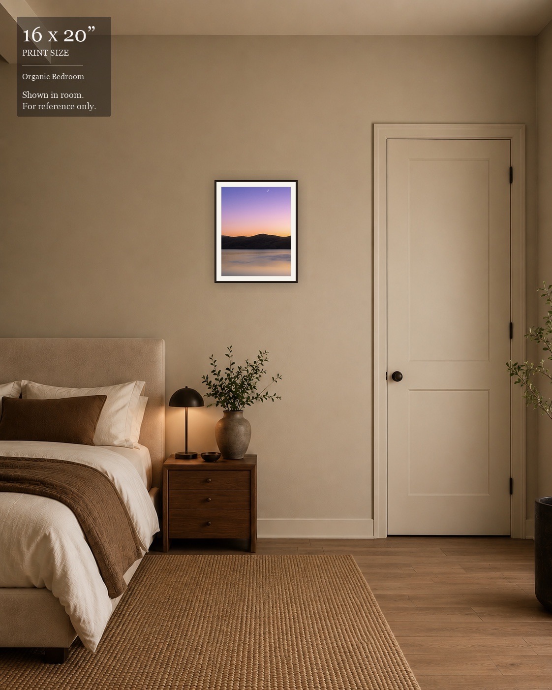 Pastel Sunset Reservoir (16×20) displayed in the Organic Bedroom