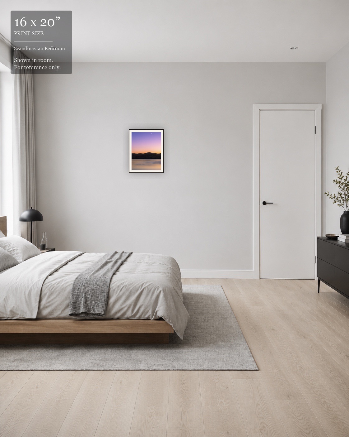 Pastel Sunset Reservoir (16×20) displayed in the Scandinavian Bedroom