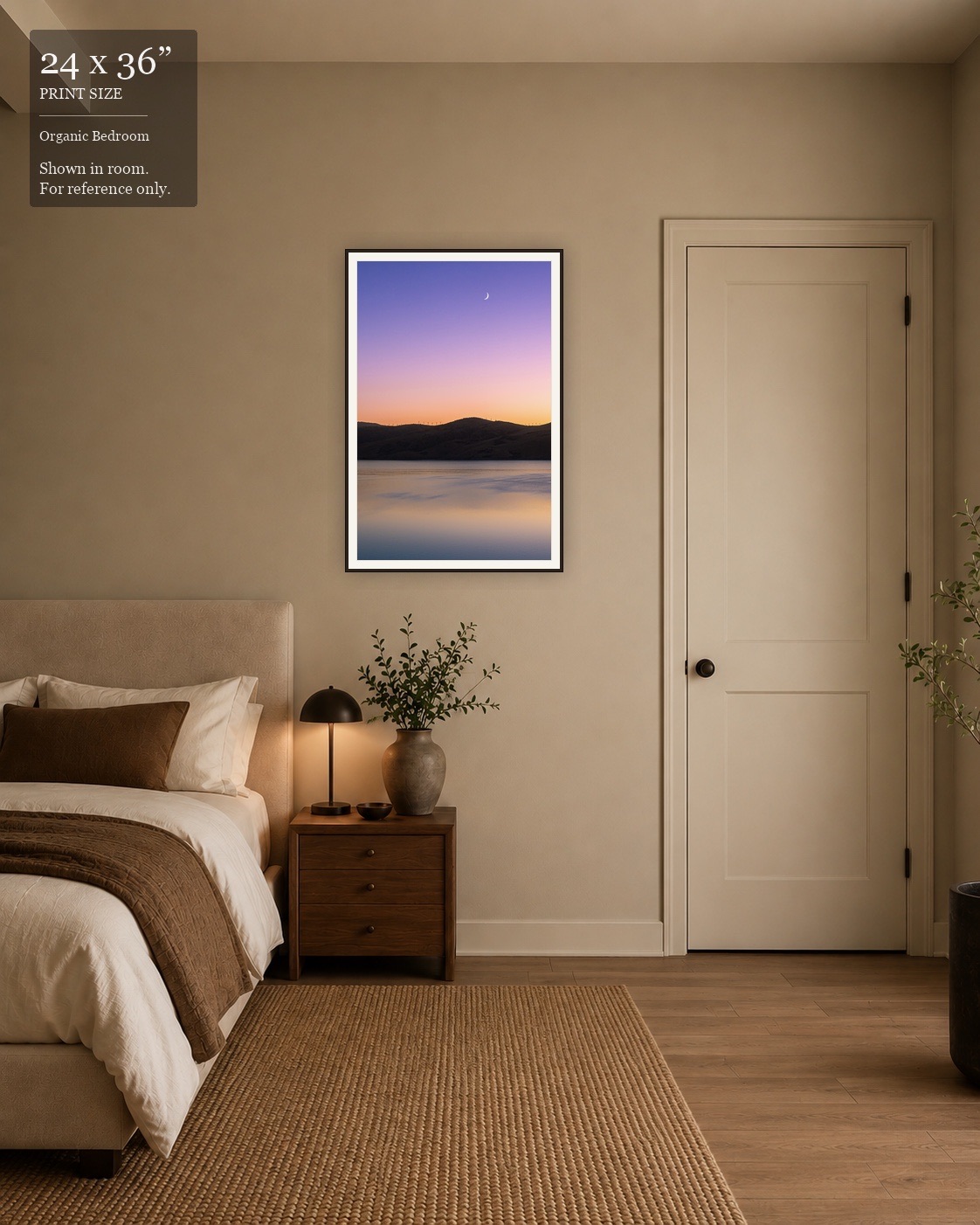 Pastel Sunset Reservoir (24×36) displayed in the Organic Bedroom