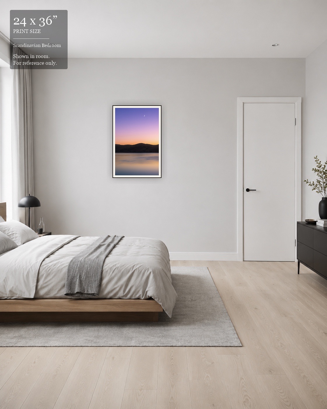 Pastel Sunset Reservoir (24×36) displayed in the Scandinavian Bedroom