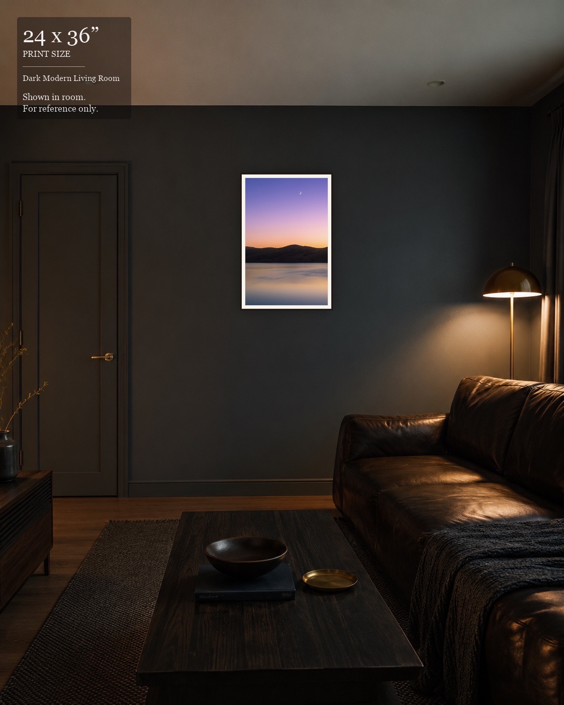 Pastel Sunset Reservoir (24×36) displayed in the Dark Modern Living Room