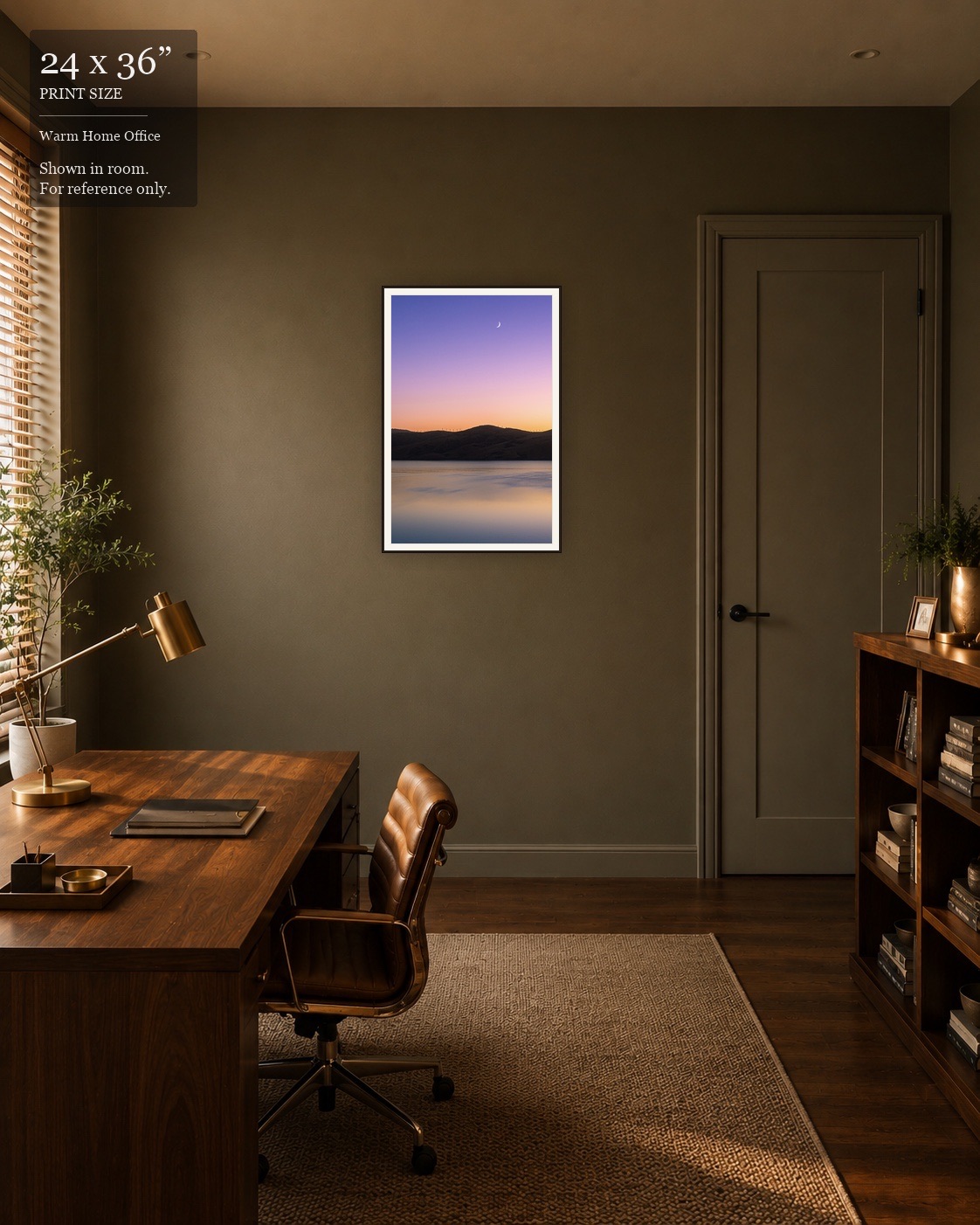 Pastel Sunset Reservoir (24×36) displayed in the Warm Home Office