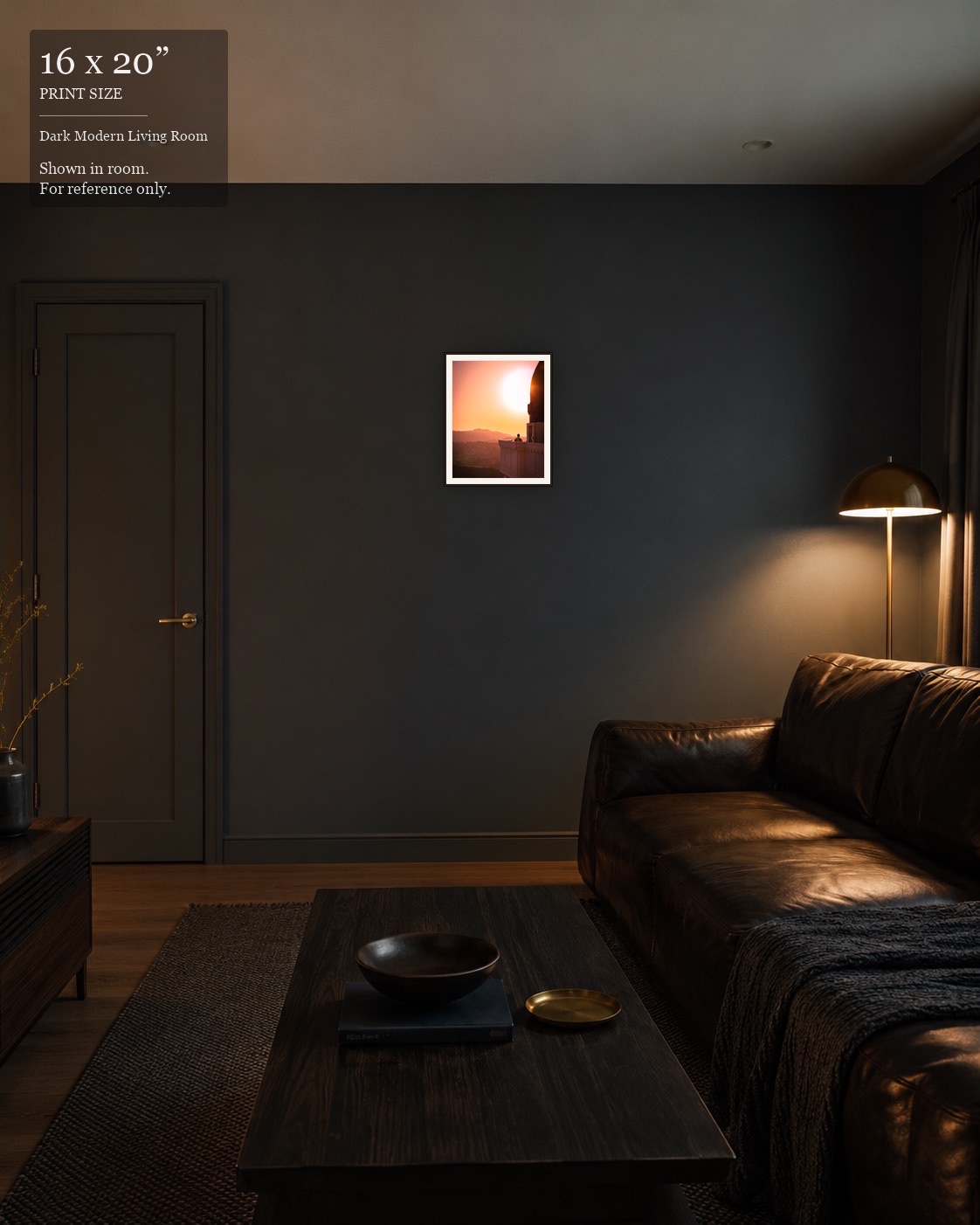 Sunset Observatory LA (16×20) displayed in the Dark Modern Living Room