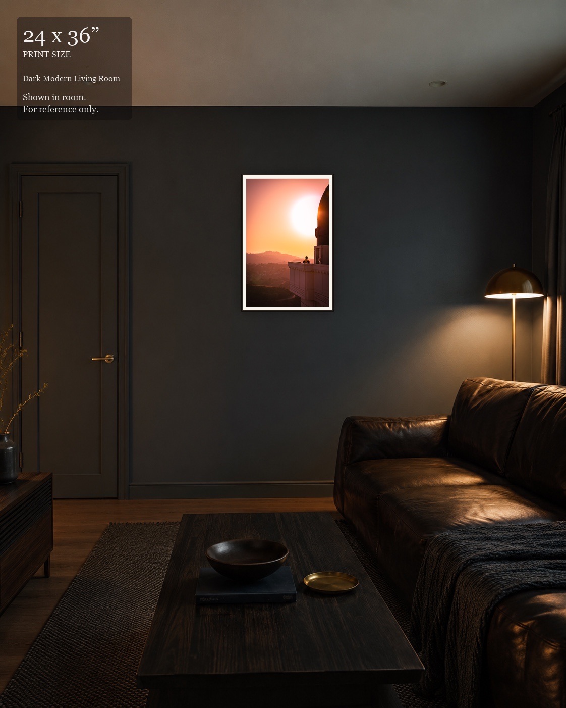 Sunset Observatory LA (24×36) displayed in the Dark Modern Living Room