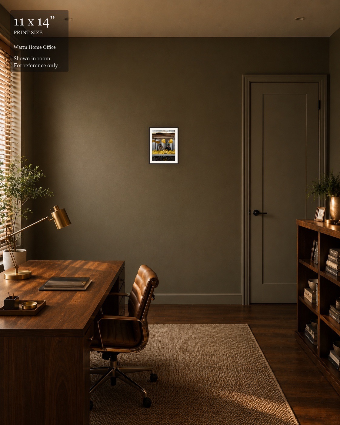 Banana Stand Portrait (11×14) displayed in the Warm Home Office