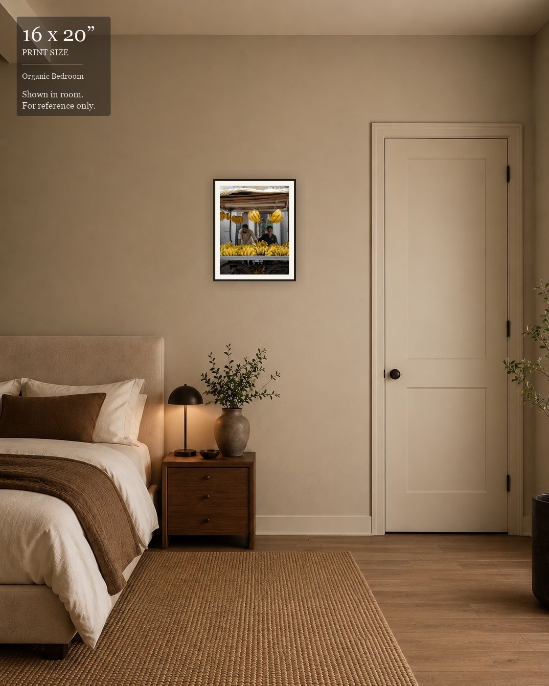 Banana Stand Portrait (16×20) displayed in the Organic Bedroom