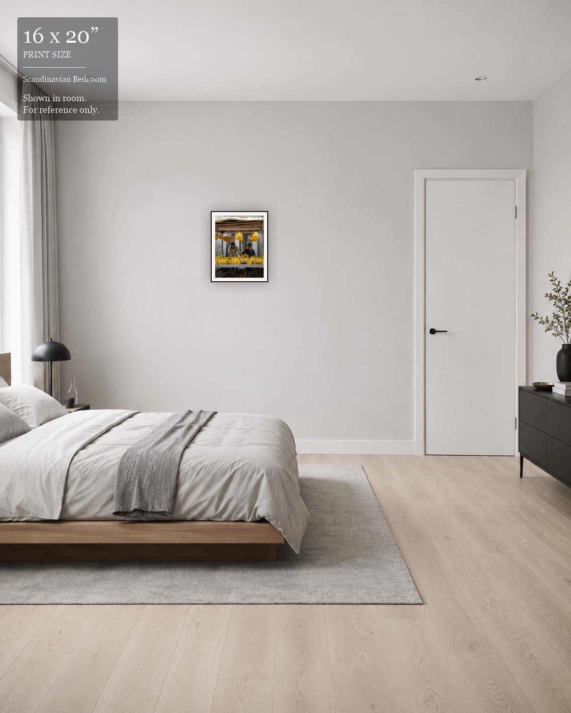 Banana Stand Portrait (16×20) displayed in the Scandinavian Bedroom
