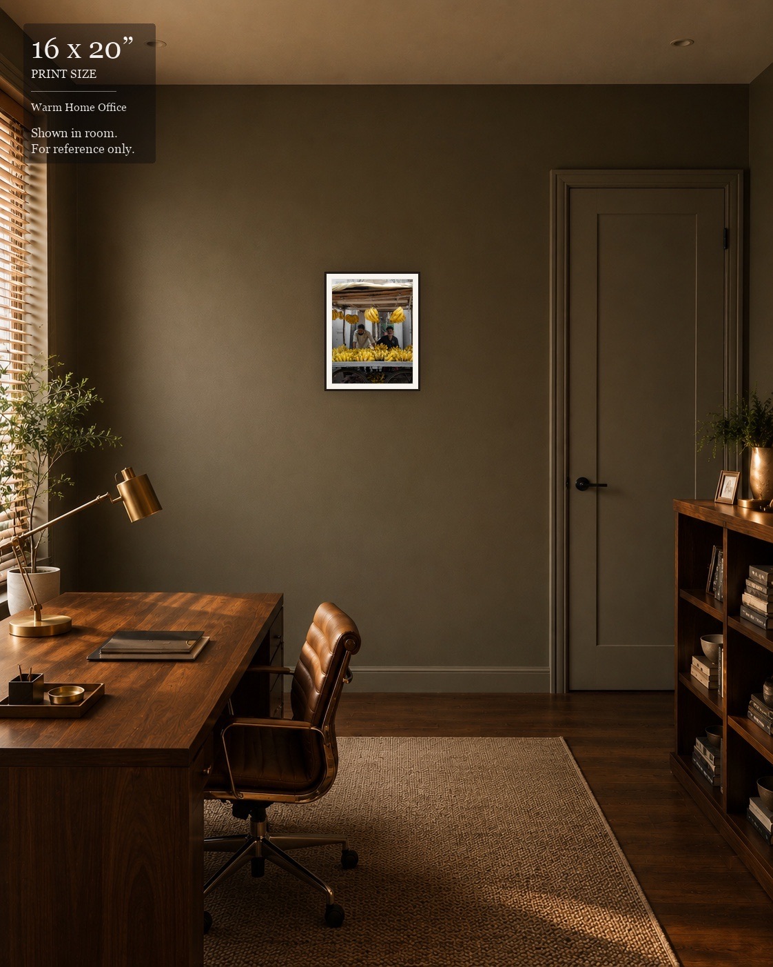 Banana Stand Portrait (16×20) displayed in the Warm Home Office