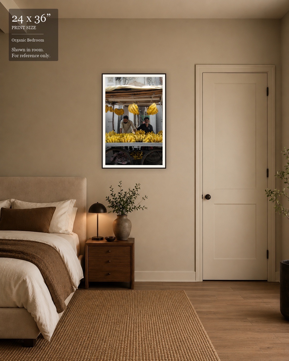 Banana Stand Portrait (24×36) displayed in the Organic Bedroom