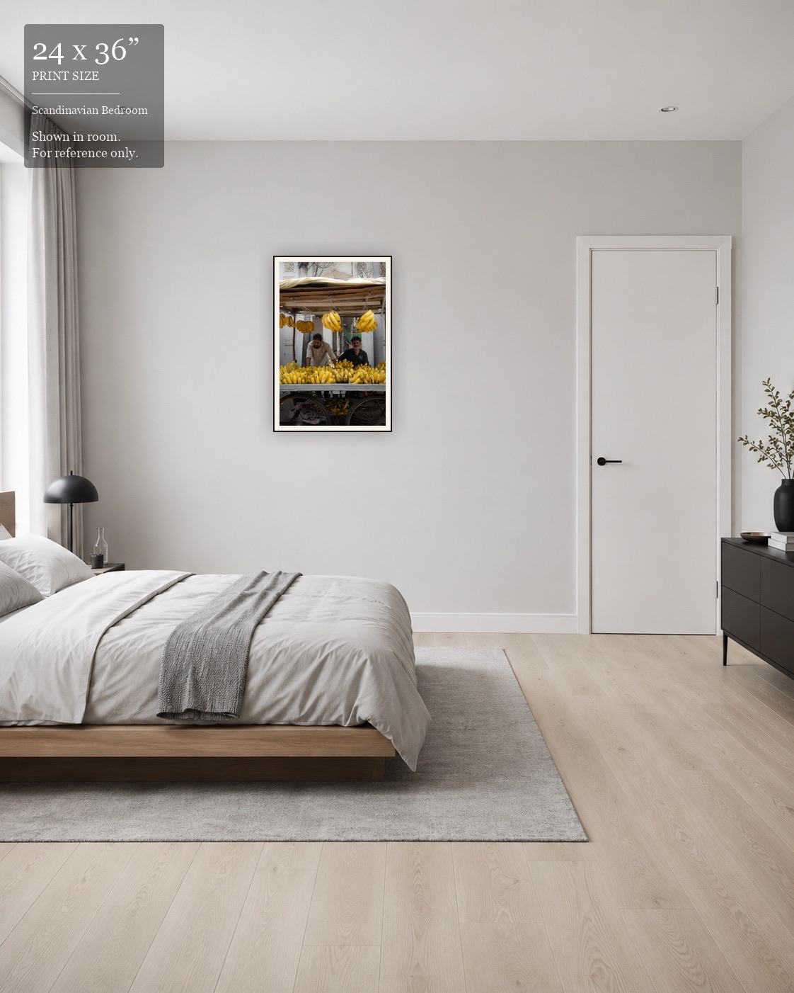 Banana Stand Portrait (24×36) displayed in the Scandinavian Bedroom
