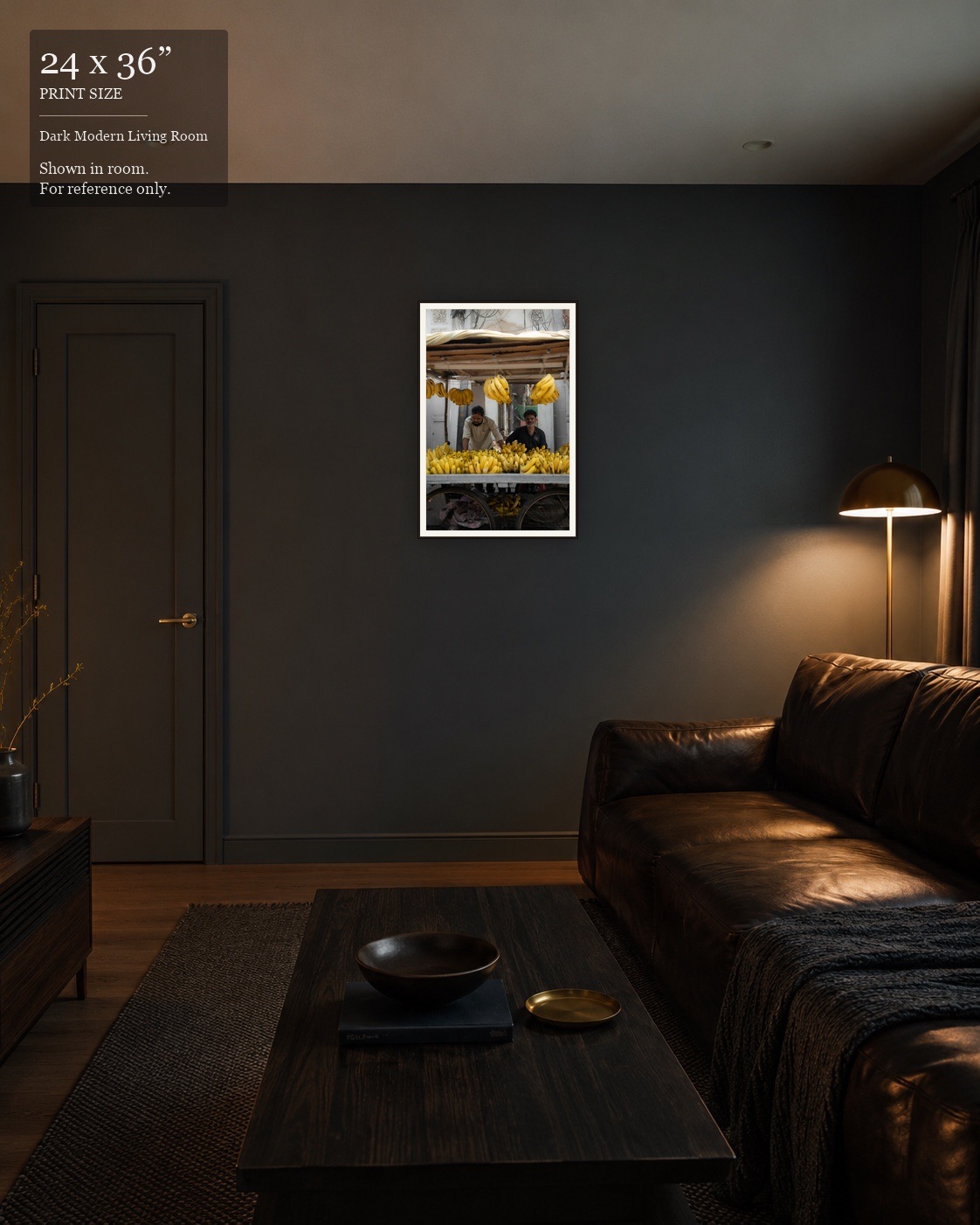 Banana Stand Portrait (24×36) displayed in the Dark Modern Living Room