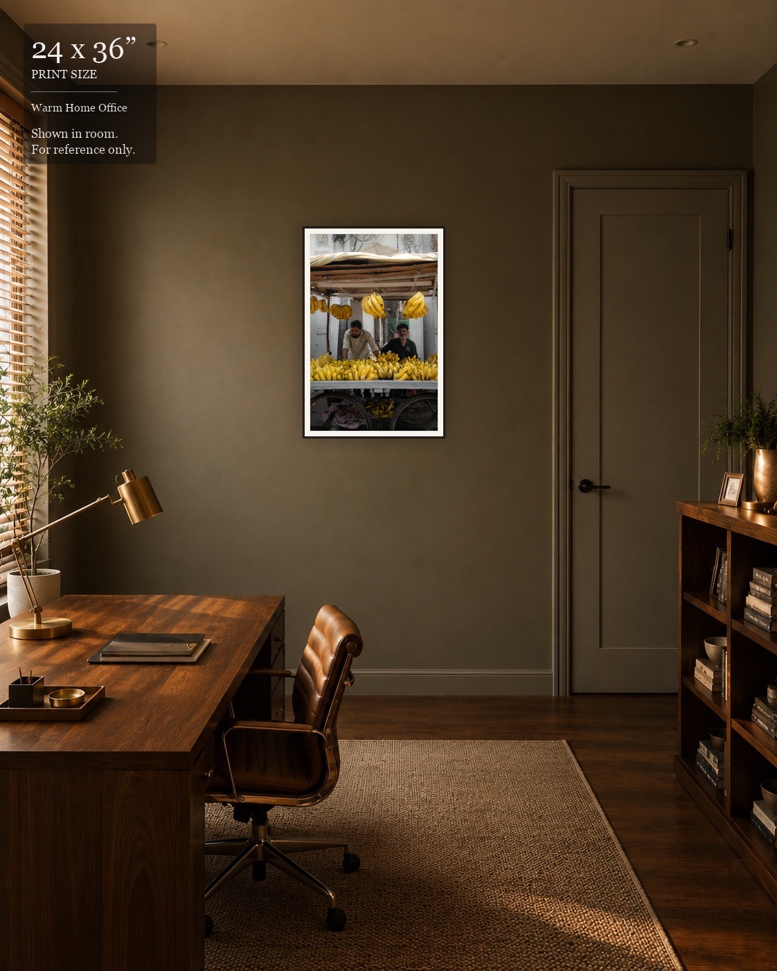 Banana Stand Portrait (24×36) displayed in the Warm Home Office