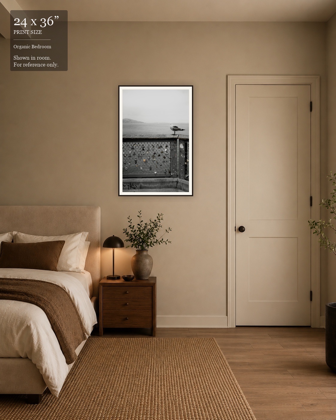 Lovers' Lock Pier (24×36) displayed in the Organic Bedroom