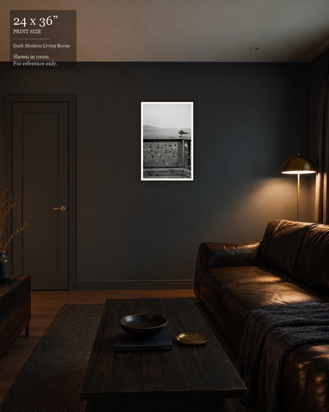 Lovers' Lock Pier (24×36) displayed in the Dark Modern Living Room