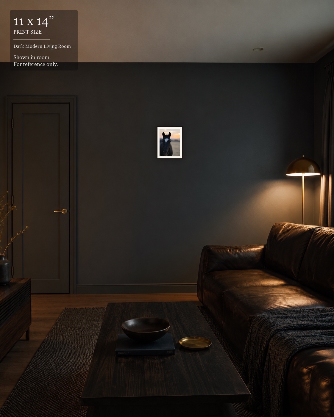 Twilight Mare (11×14) displayed in the Dark Modern Living Room