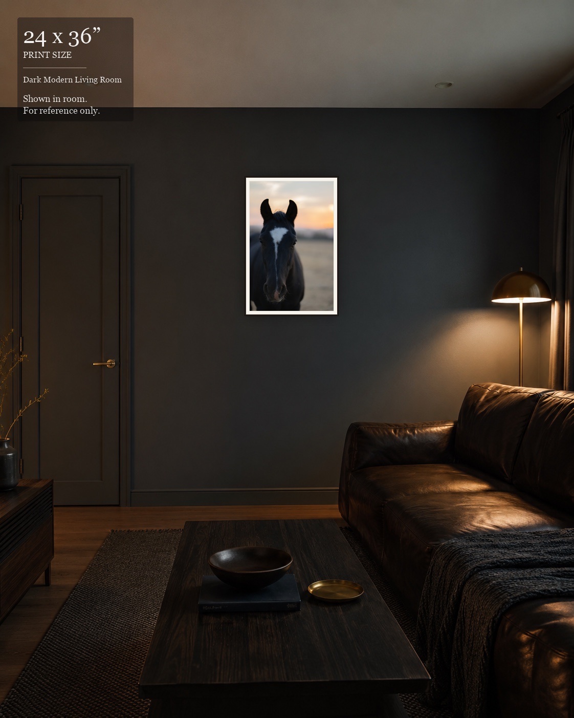 Twilight Mare (24×36) displayed in the Dark Modern Living Room