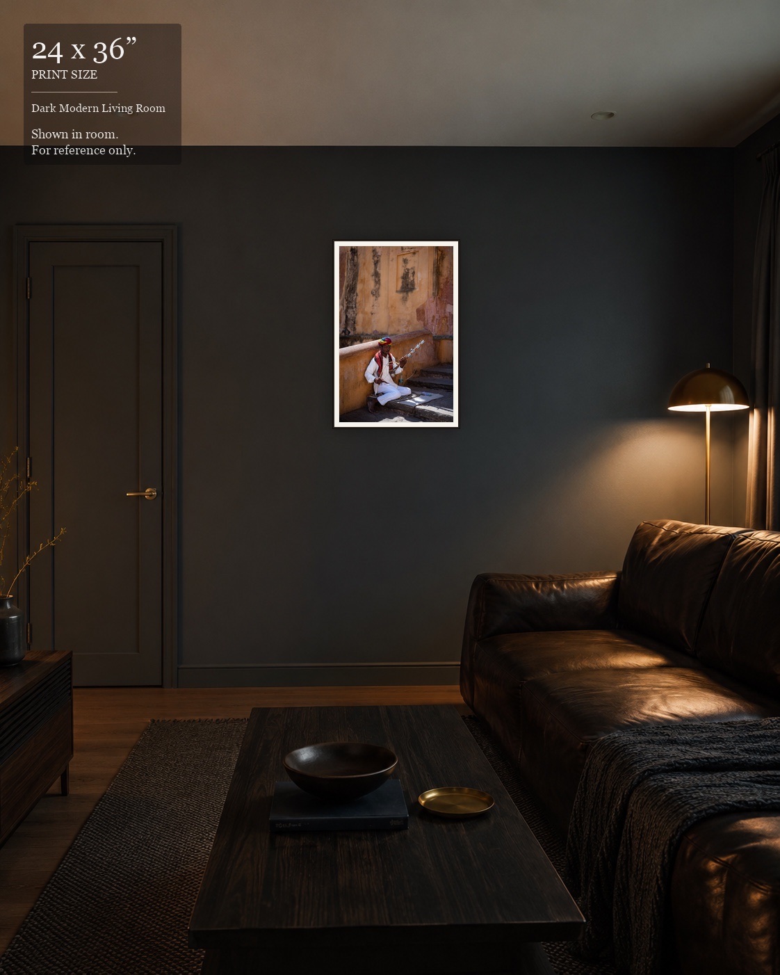 Rajasthani Musician (24×36) displayed in the Dark Modern Living Room