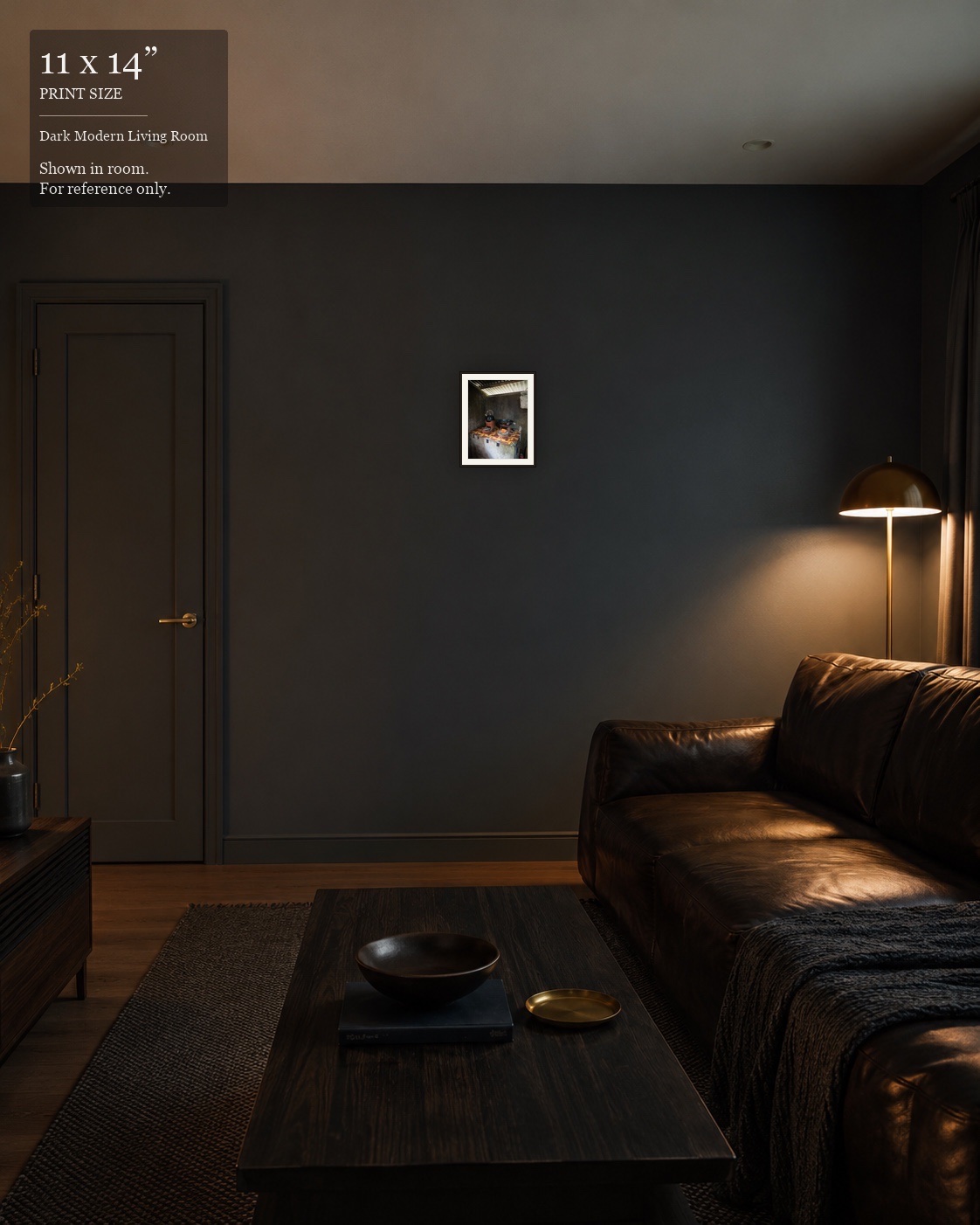 Rural Hearth (11×14) displayed in the Dark Modern Living Room
