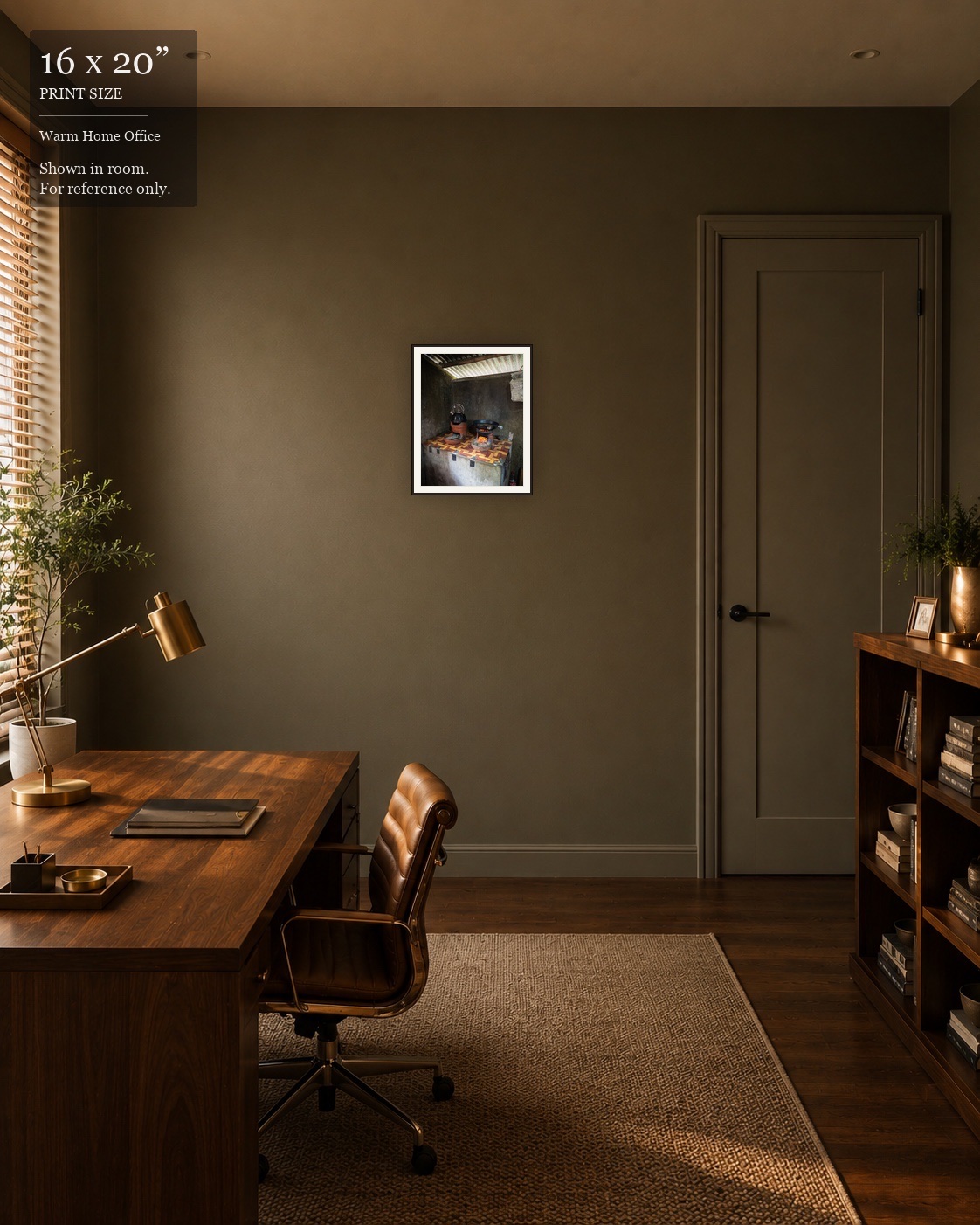 Rural Hearth (16×20) displayed in the Warm Home Office