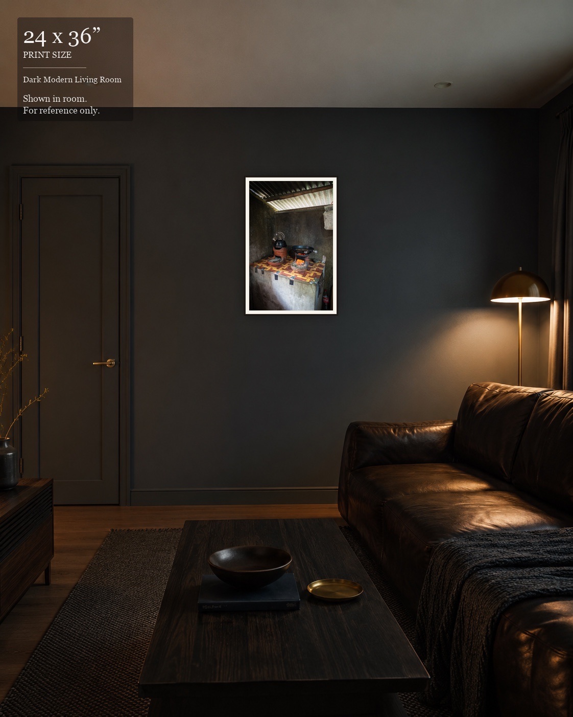 Rural Hearth (24×36) displayed in the Dark Modern Living Room