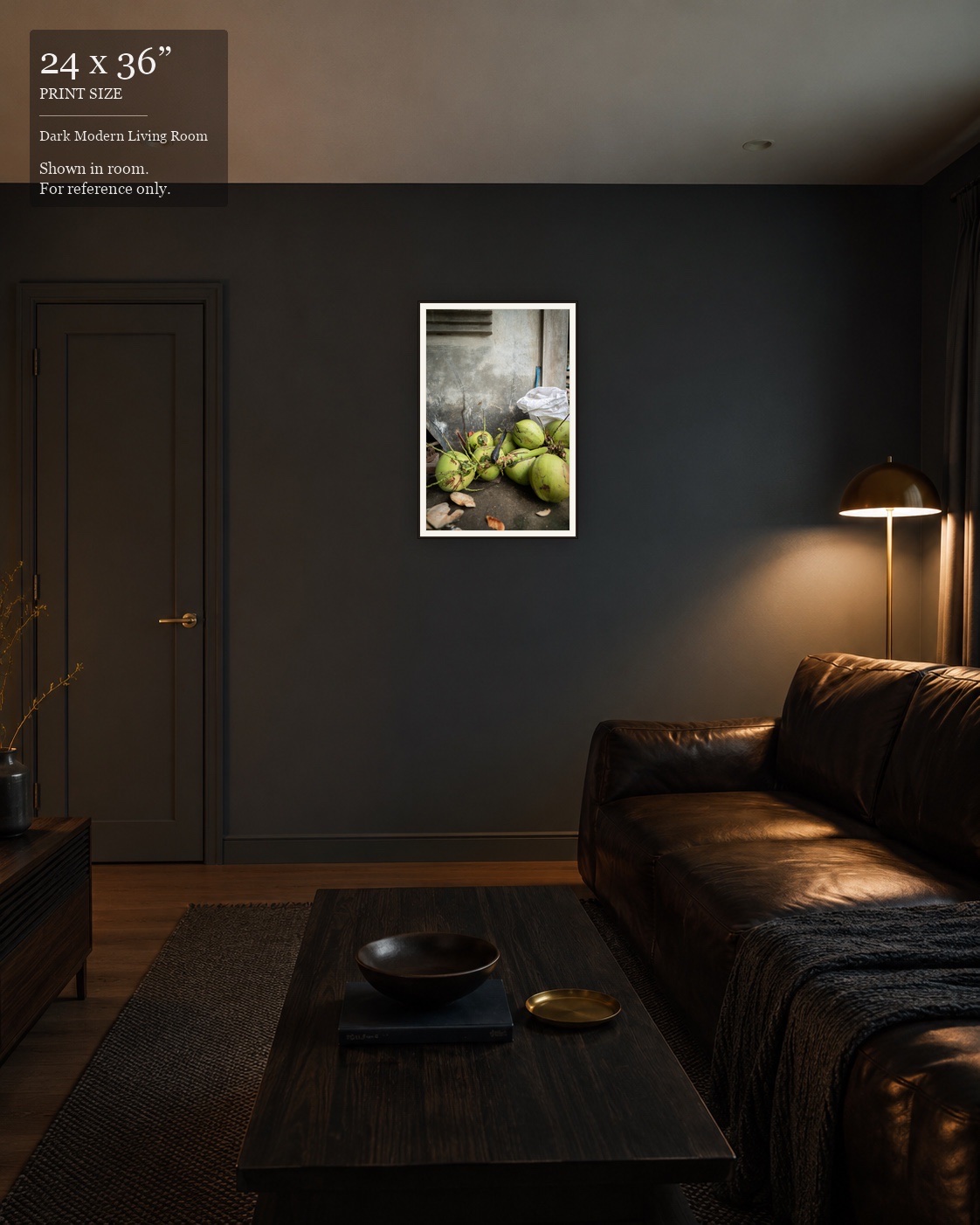 Fresh Coconuts (24×36) displayed in the Dark Modern Living Room