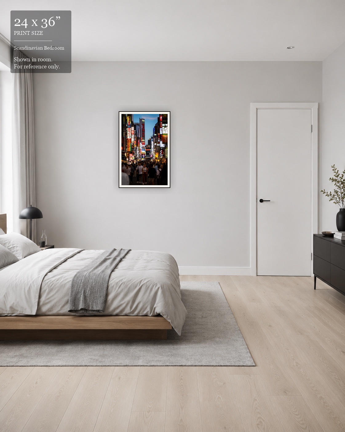 Shinjuku Nights (24×36) displayed in the Scandinavian Bedroom