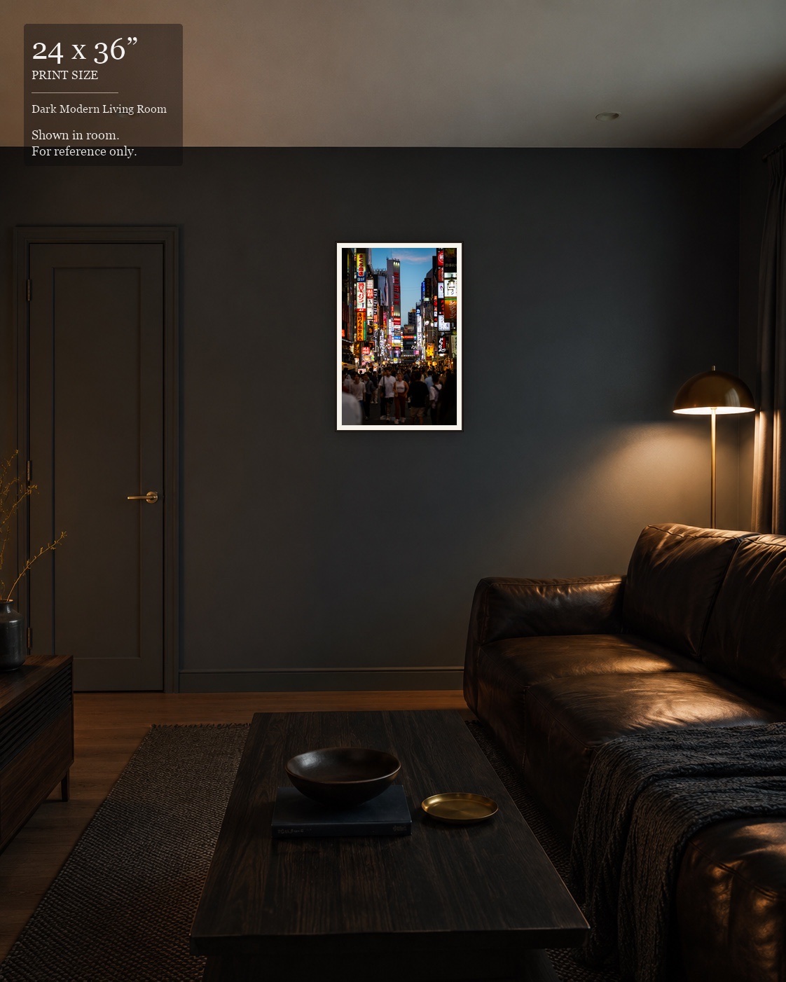 Shinjuku Nights (24×36) displayed in the Dark Modern Living Room