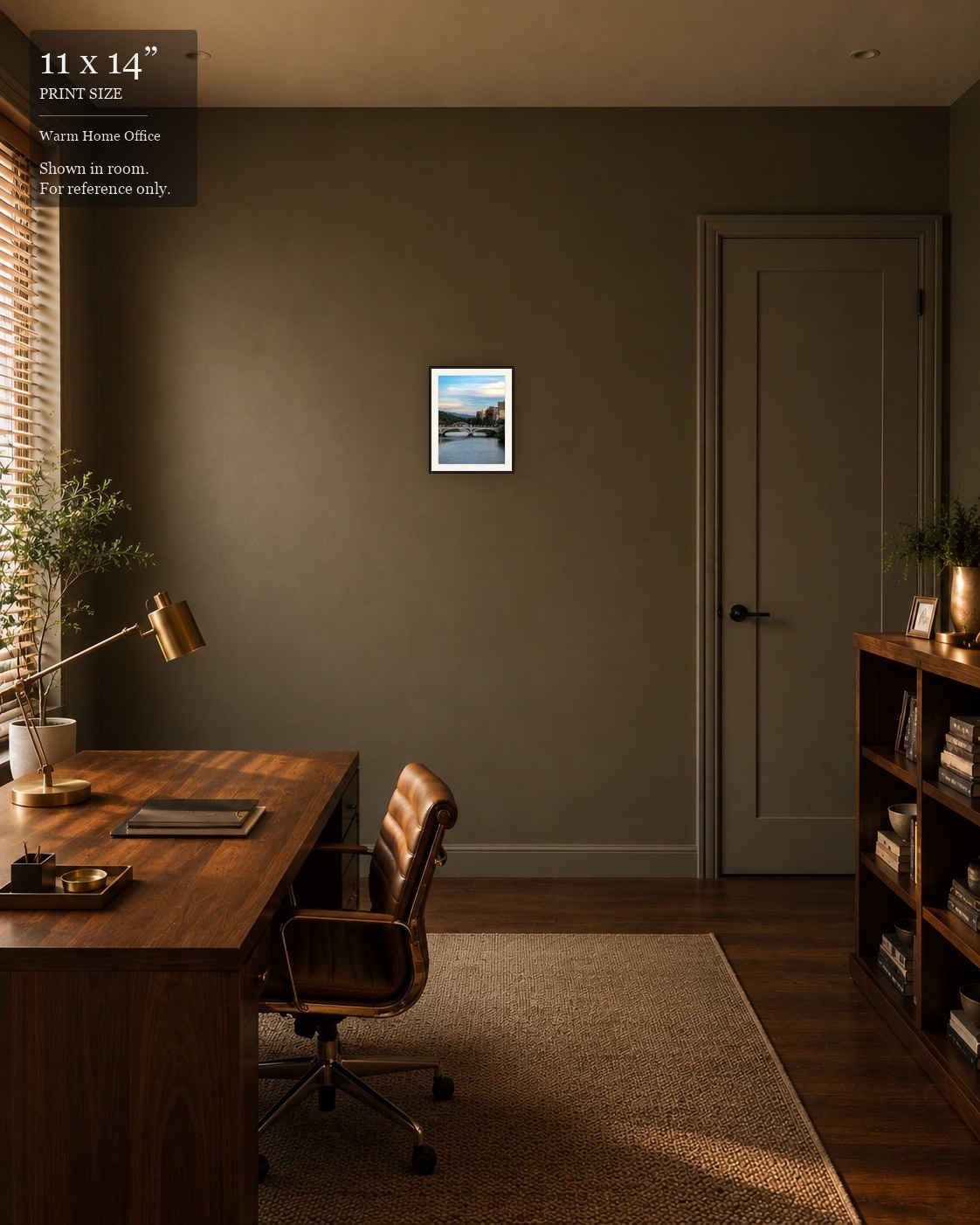 Mountain River Bridge (11×14) displayed in the Warm Home Office