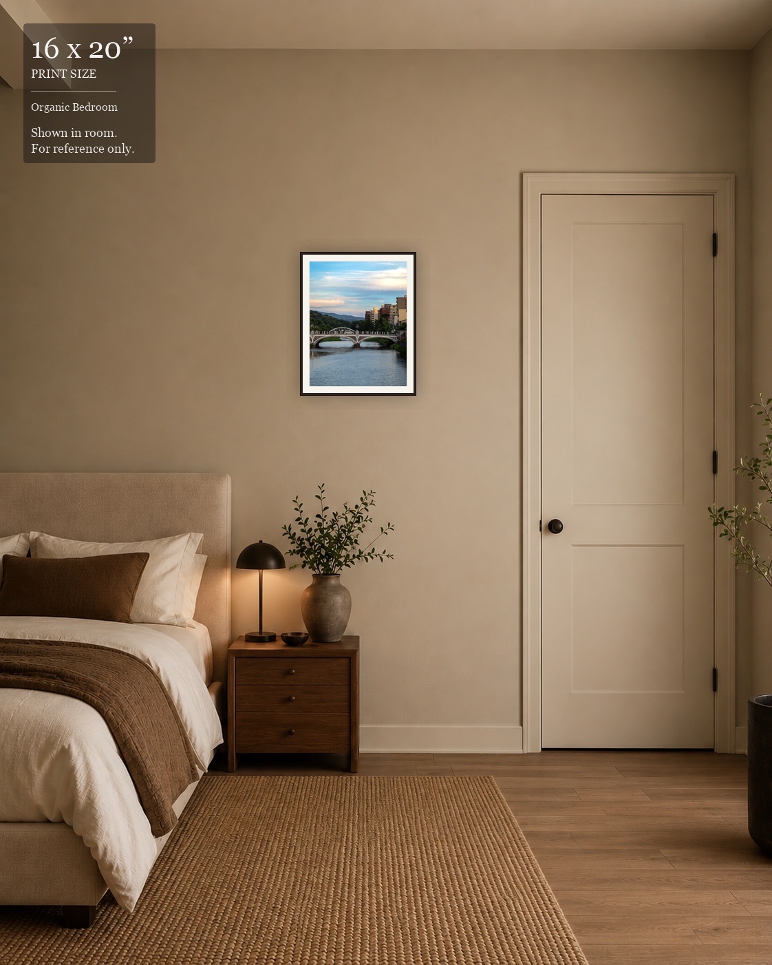 Mountain River Bridge (16×20) displayed in the Organic Bedroom