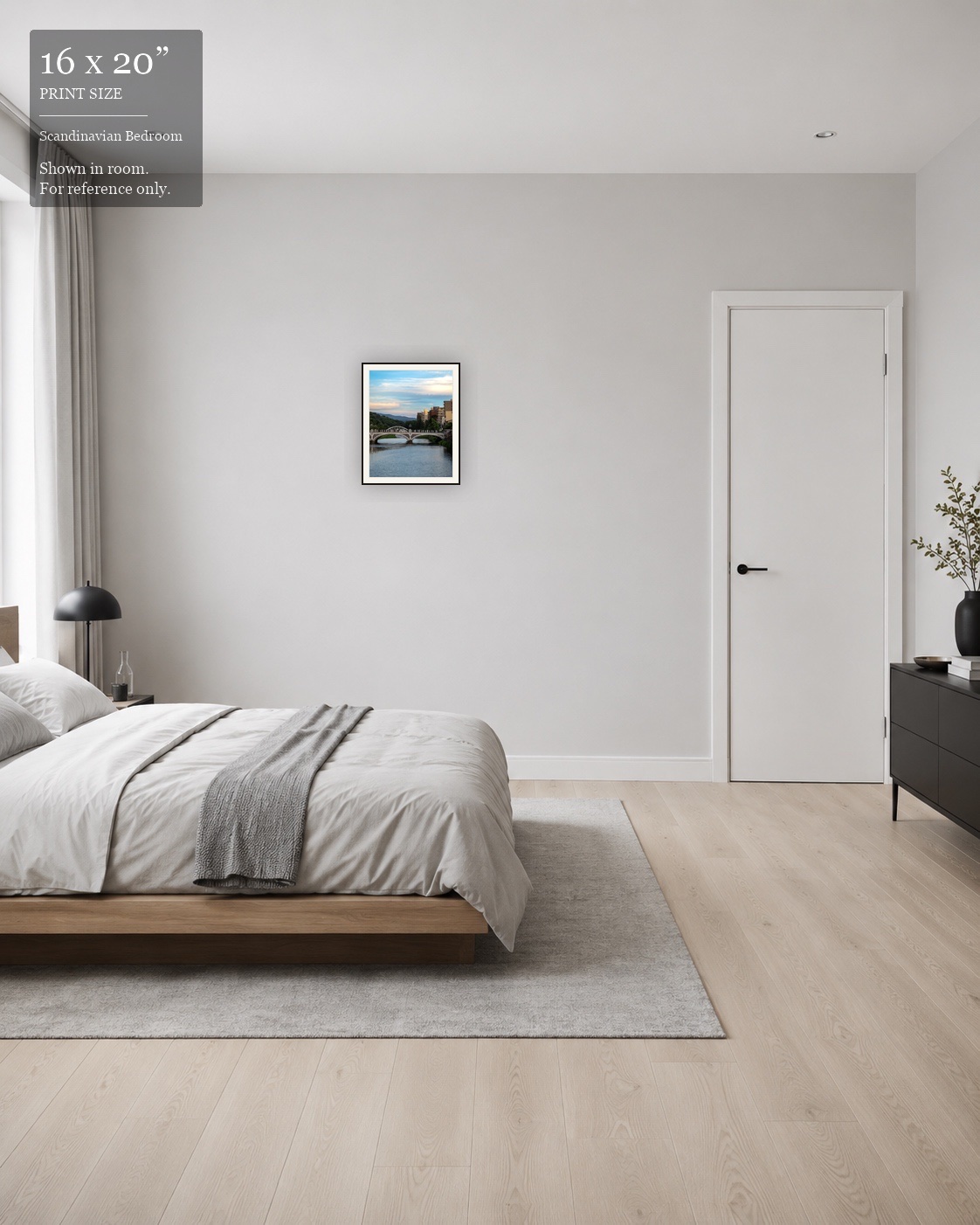 Mountain River Bridge (16×20) displayed in the Scandinavian Bedroom
