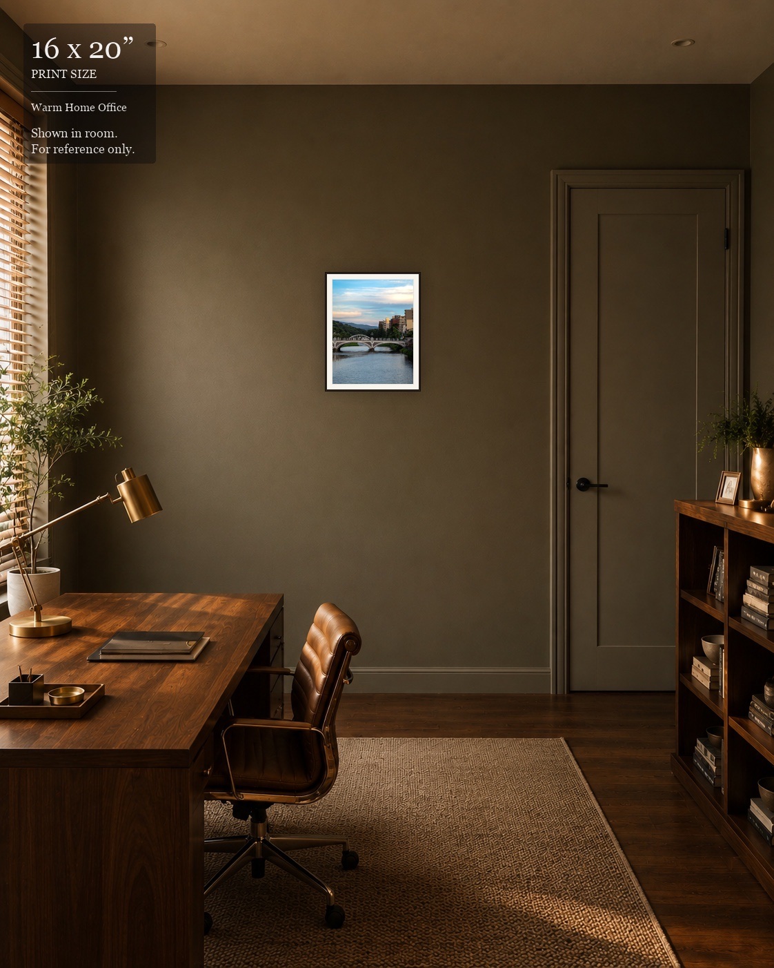 Mountain River Bridge (16×20) displayed in the Warm Home Office