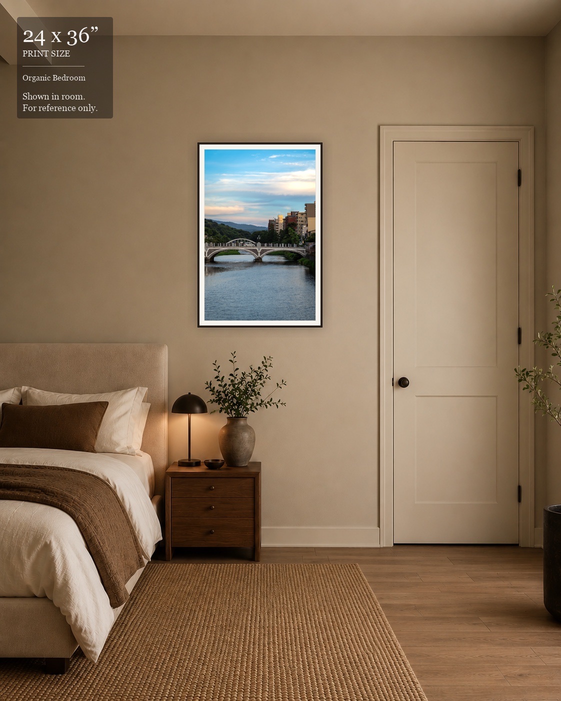 Mountain River Bridge (24×36) displayed in the Organic Bedroom