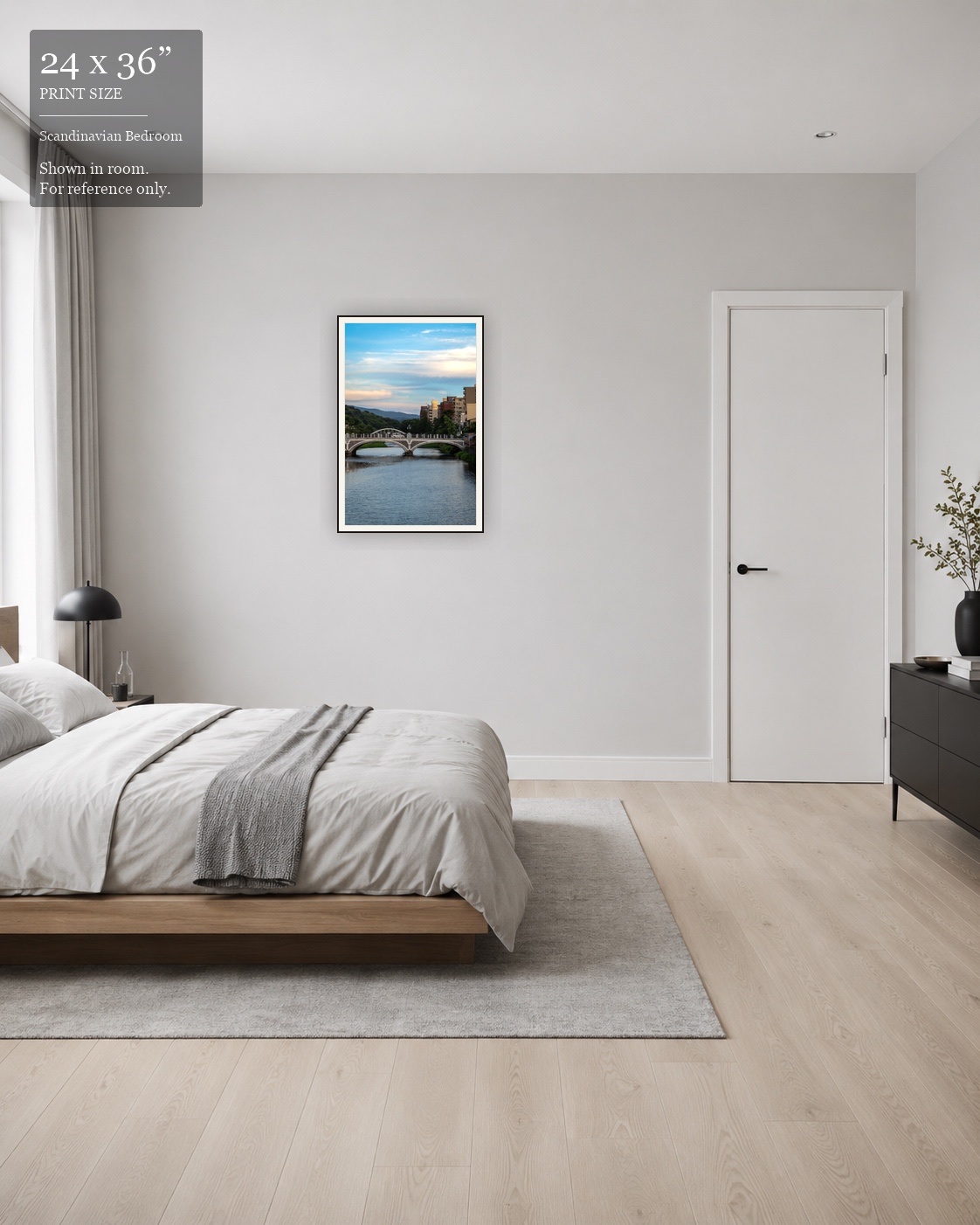 Mountain River Bridge (24×36) displayed in the Scandinavian Bedroom