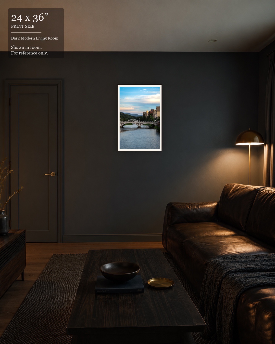 Mountain River Bridge (24×36) displayed in the Dark Modern Living Room