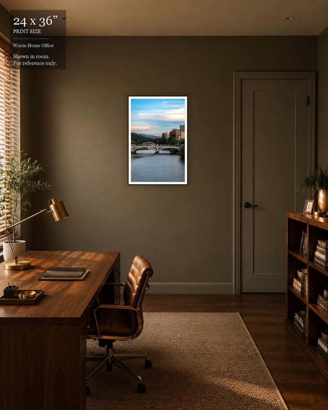 Mountain River Bridge (24×36) displayed in the Warm Home Office