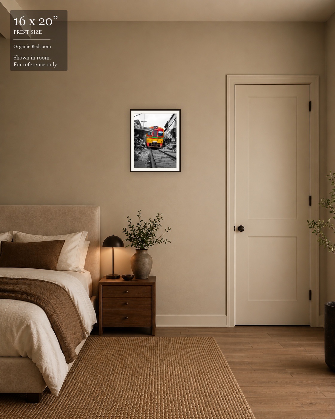 Maeklong Railway Market (16×20) displayed in the Organic Bedroom