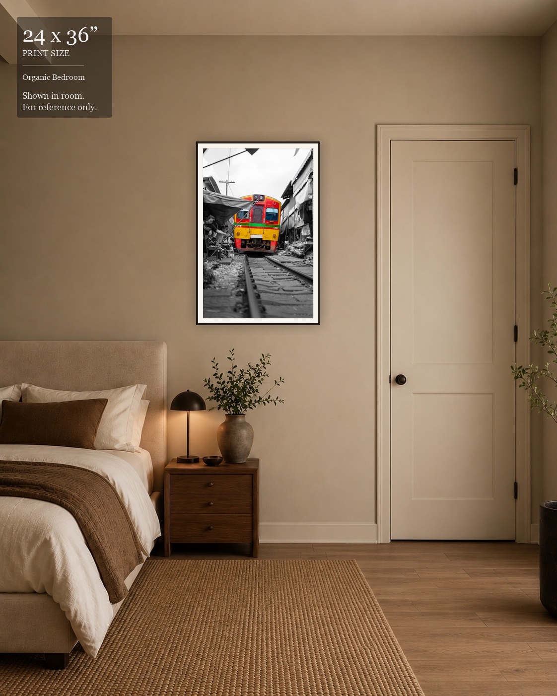 Maeklong Railway Market (24×36) displayed in the Organic Bedroom